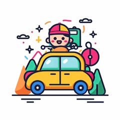 A cartoon of a boy in a yellow car with a CD player