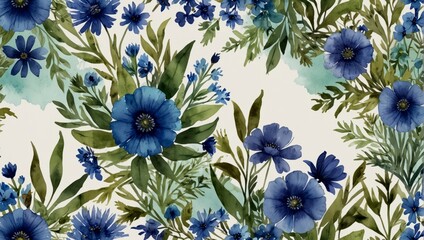 Watercolor blue floral crest with wildflowers. Watercolor illustration