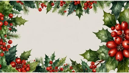 Watercolor christmas holly frame with berries and christmas flowers. Watercolor illustration