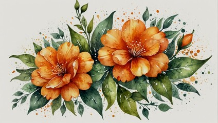 Watercolor composition of orange flowers and drops, isolated on white background. Colorful greeting card. Watercolor illustration