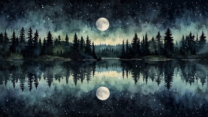 Watercolor lake reflecting the starry sky with the Moon and coniferous forest. Watercolor illustration isolated on white background. Watercolor illustration
