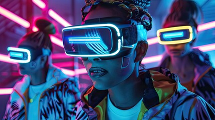 Teenagers in tribal sportswear, using augmented reality glasses, sci-fi, high energy, neon accents