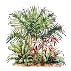 Illustration of lush green tropical plants with palm leaves and exotic foliage, perfect for botanical and natural-themed designs.