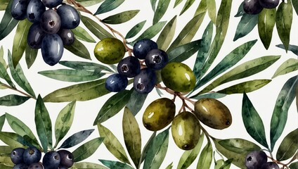 Watercolor olive branches with blue and green fruits and green leaves illustration. Watercolor illustration