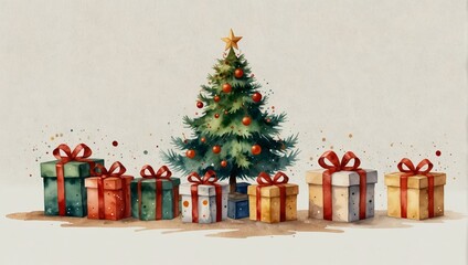 Watercolour christmas tree and gift boxes on a white background. Greeting card for Christmas and New Year with copy space. Watercolor illustration