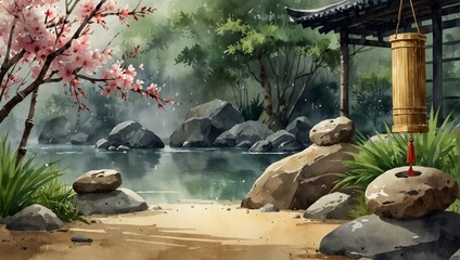 Zen garden composition. Rocks, bamboo tree and furin chime bell with sakura blossom. Watercolor illustration