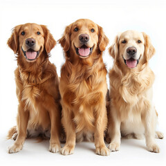 Three golden retrievers together with a white background