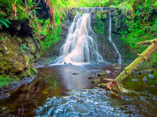 Waterfall, Locher Water, Locherwood and Ladymuir Woodland, Renfrewshire, Scotland, UK