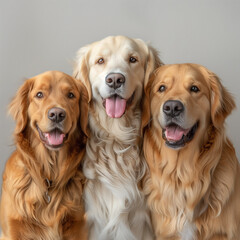 Three golden retrievers together with a white background