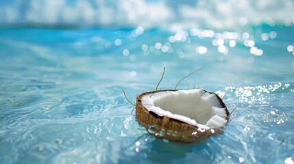 Half a coconut floats in crystal blue water, blue cloudless sky background for product presentation with beautiful lights and shadows, 16:9