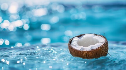 Half a coconut floats in crystal blue water, blue cloudless sky background, 16:9