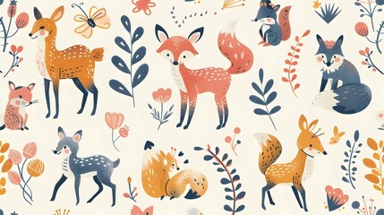 Fototapeta premium Charming Woodland Creatures in a Cozy Autumn Forest Scene with Floral Accents