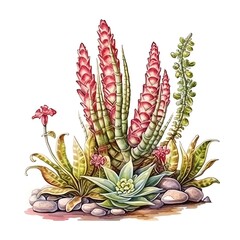 Fototapeta premium Hand-drawn botanical illustration of colorful succulent plants, showcasing diverse shapes and textures against a white background.