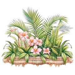 Fototapeta premium Artistic tropical floral arrangement with lush green leaves and pink flowers in a decorative basket.
