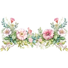 Exquisite watercolor floral border with pink and green accents, featuring delicate flowers and lush foliage. Perfect for elegant designs.