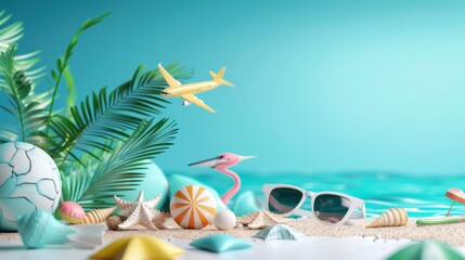 Colorful tropical vacation scene with a suitcase, palm leaves, and travel accessories, evoking a sense of adventure and relaxation.