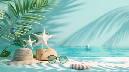 Flat lay of beach vacation essentials including hat, sunglasses, starfish, and palm leaves on a vibrant turquoise background, evoking a tropical getaway.