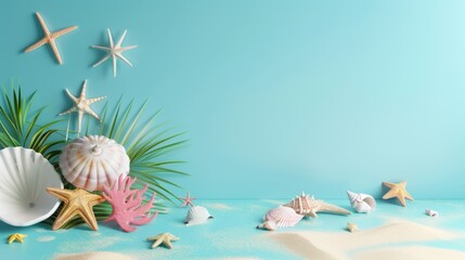 A tropical scene featuring a straw hat, sunglasses, seashells, and plumeria flowers against a vibrant blue background with palm leaves.