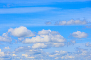 Cumulus clouds in a blue sky over a meadow