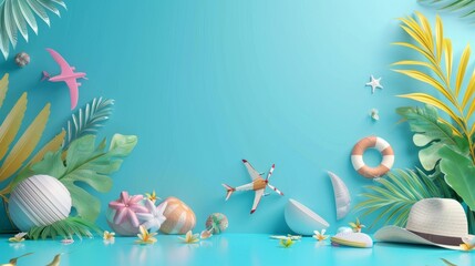 Fototapeta premium Light blue suitcases, a beach hat, starfish, and seashells on a turquoise background with palm leaves, evoking tropical vacation vibes.