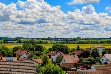 View from Kaltenberg in Germany in south direction over the foothills of the Alps on a sunny day...