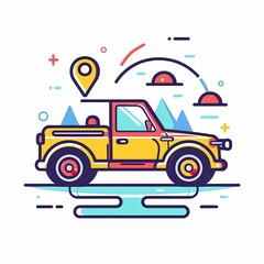 A yellow pickup truck with a map on the hood