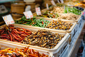 Fototapeta premium An assortment of dried and seasoned insects, packaged for retail, in a health food store, focusing on the nutritional benefits, with a clean and informative presentation