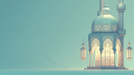 Perfect for celebrating Ramadan, Eid al-Fitr, and Eid al-Adha, the vector illustration includes religious motifs such as a crescent moon, mosque, and goat, symbolizing the holy festivals.