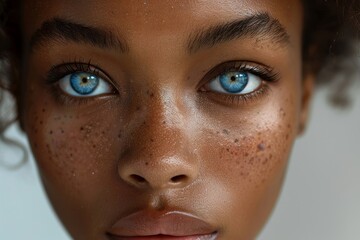 close up an incredibly beautiful black woman with blue eyes