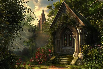 Obraz premium Medieval Fantasy, interior of an ancient stone room with pillars and arches