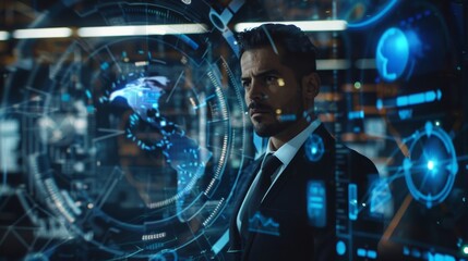 Image of a businessman with a futuristic interface displaying online business statistics