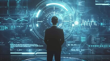 Image of a businessman with a futuristic interface displaying online business statistics