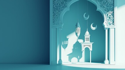 Elegant, ornate lanterns hang against a teal background, casting intricate shadows. Perfect for themes of culture, tradition, and decoration.