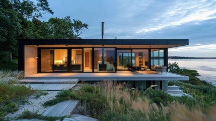 Obraz premium Minimalist small house plan with clean lines and a coastal backdrop