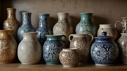 Patterned selection of decorative ceramic indoor pottery.