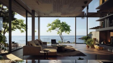 Fototapeta premium Minimalist small house plan with clean lines and a coastal backdrop