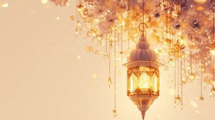A decorative, ornate lantern with intricate patterns hanging against a soft, warm background. The lantern is illuminated, casting a gentle glow.