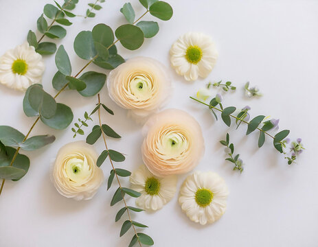 Layout creativo con pochi fiori selezionati come ranuncoli, anemoni e foglie di eucalipto su uno sfondo bianco.