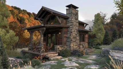 Rustic mountain cabin plan featuring a loft and expansive deck