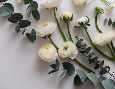 Layout creativo con pochi fiori selezionati come ranuncoli, anemoni e foglie di eucalipto su uno sfondo bianco.