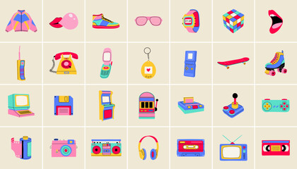Collection of classic 80s-90s elements in modern style flat, line style. Hand drawn vector illustrations. Fashion patch, badge, emblem.	