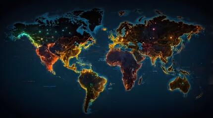 vivid, dynamic colors are used to depict global internet traffic flows and data exchange hubs on an underwater cable network map.