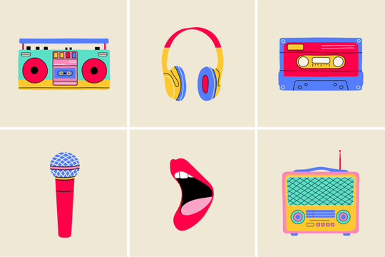 Classic 80s 90s music elements in flat line style. Hand drawn vector illustration: recorder, boom box, cassette, headphones, microphone, open singing mouth, radio. 
