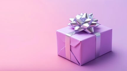 Obraz premium A small pastel purple gift box with a silver bow, perfectly placed at the golden ratio point on a soft pastel gradient background