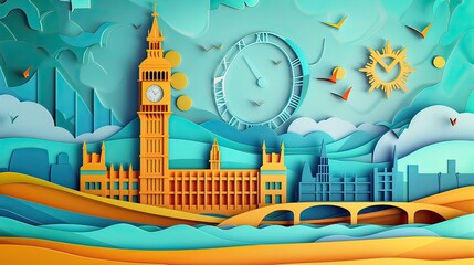 Fototapeta premium Big Ben, paper-cut style, infographic layout, classic British colors, flat design with London landmarks
