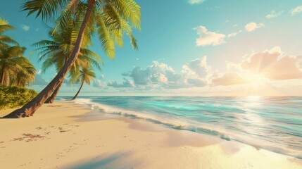 Obraz premium Tropical beach scene with palm trees, glowing sunlight bathing the sand and sea, vibrant and serene, capturing summer's radiant embrace