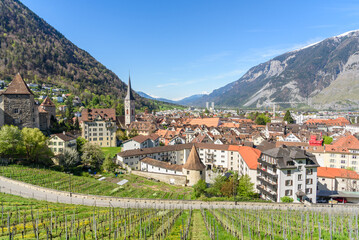 Panoramic view of Chur in the Swiss Canton of Grisons on a sunny spring morning