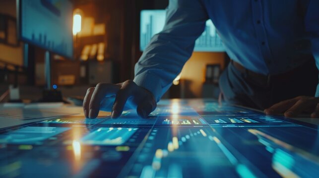 Finance manager reviewing financial charts, close up, detailed analysis, dynamic, Double exposure, executive desk backdrop