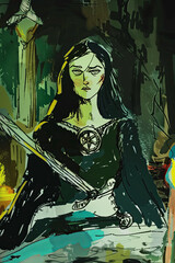 Dark Silk Robed Drow Priestess with Ceremonial Dagger Gen AI