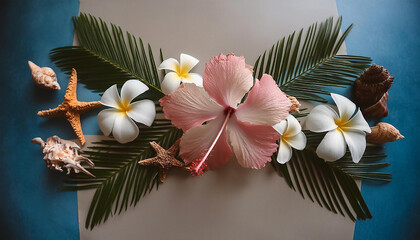 Layout creativo con orchidee, ibischi e frangipani disposti su uno sfondo chiaro.